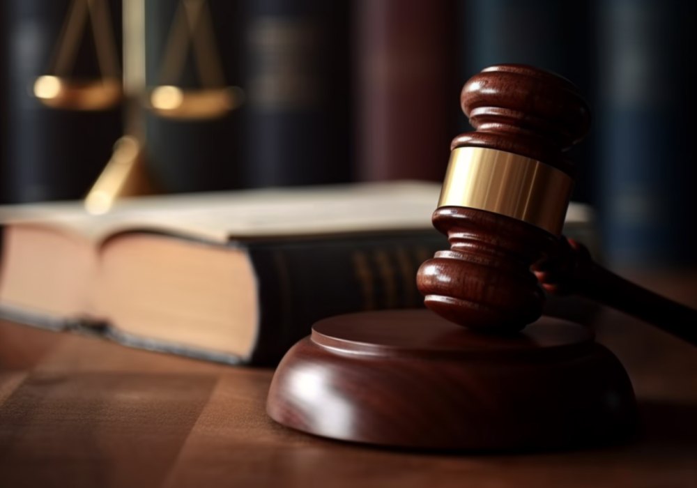 Sala rozpraw z pustym stołem sędziowskim i godłem – skazanie bez rozprawy na posiedzeniu
